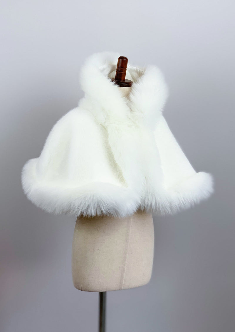 Ivory / White Faux Fur Flower girl Cape Shawl Stole Coat (Amy Wht01)