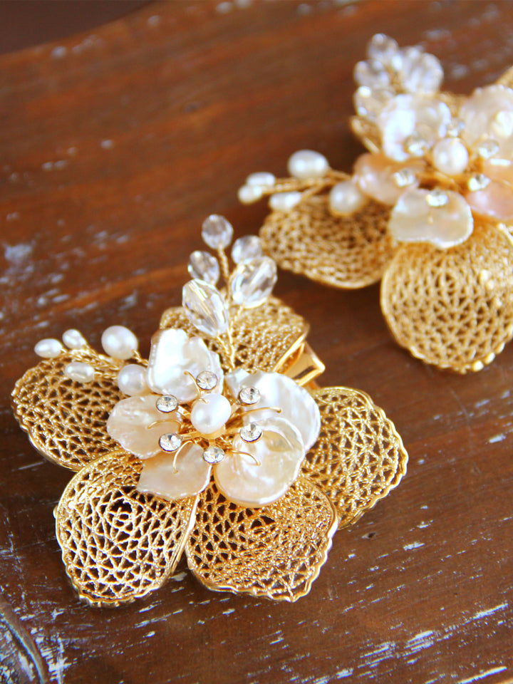 Gold Bridal Flower Hair Clips