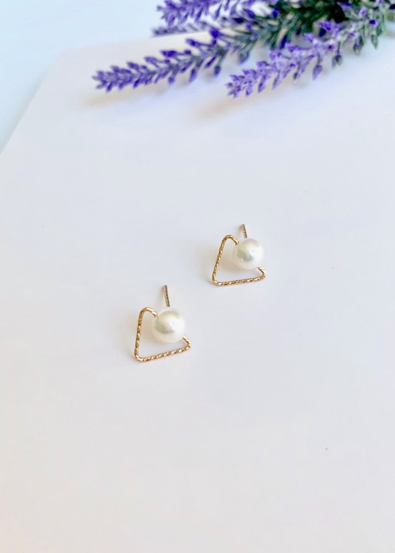 Freshwater Pearl Stud Geometric Earrings / 14K Gold Triangle /  Bridal Party Gifts