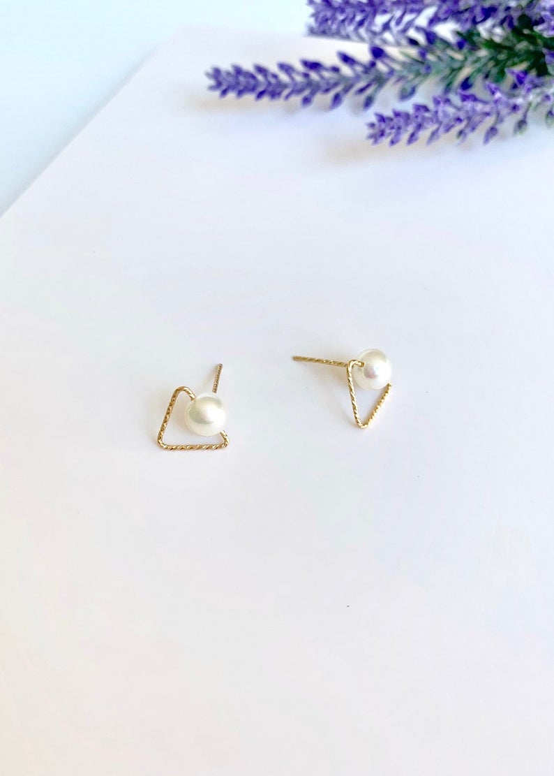 Freshwater Pearl Stud Geometric Earrings / 14K Gold Triangle /  Bridal Party Gifts